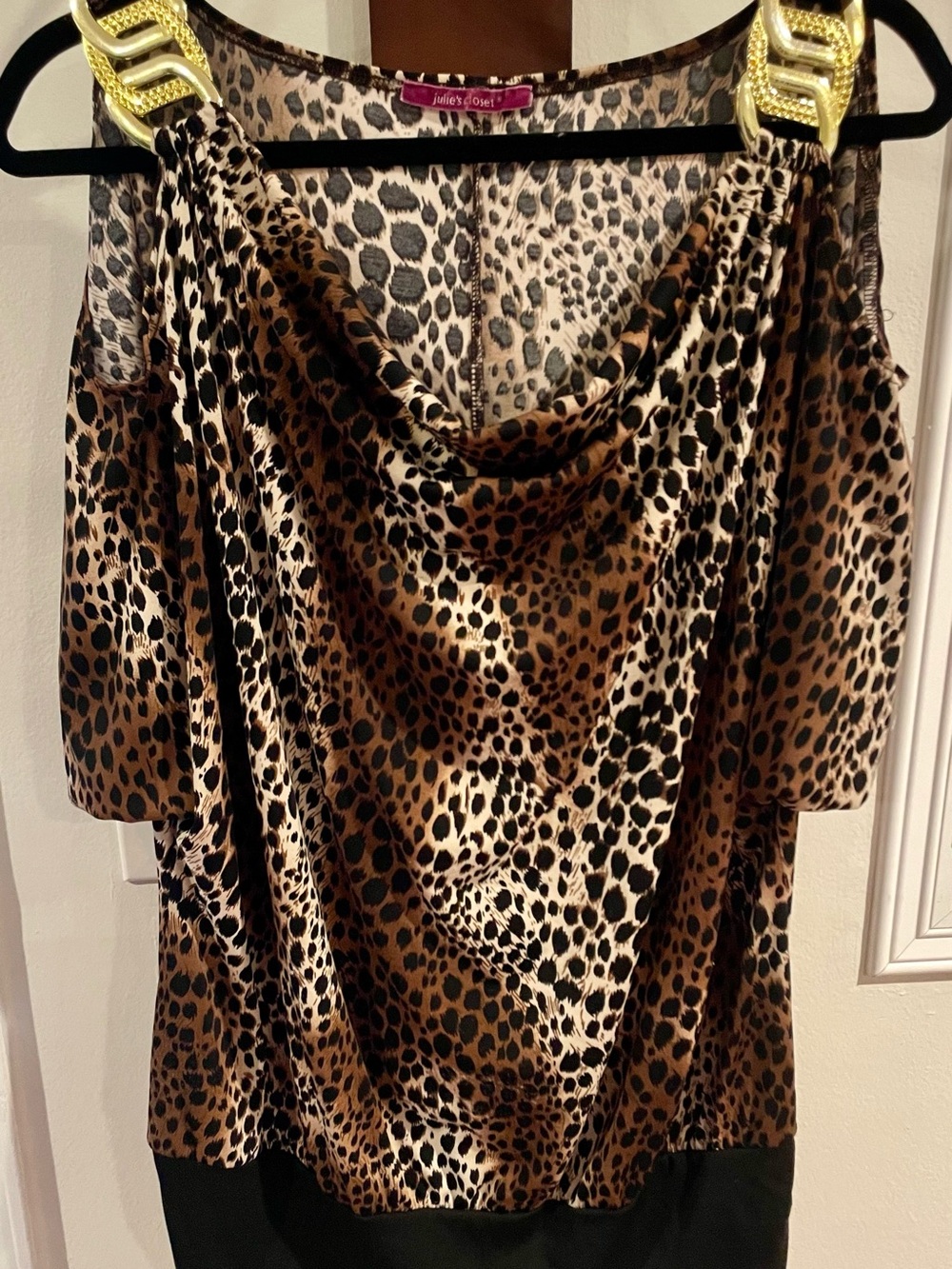 julie's closet Leopard-Print Satin Cold-Shoulder Top with Gold Chain Straps